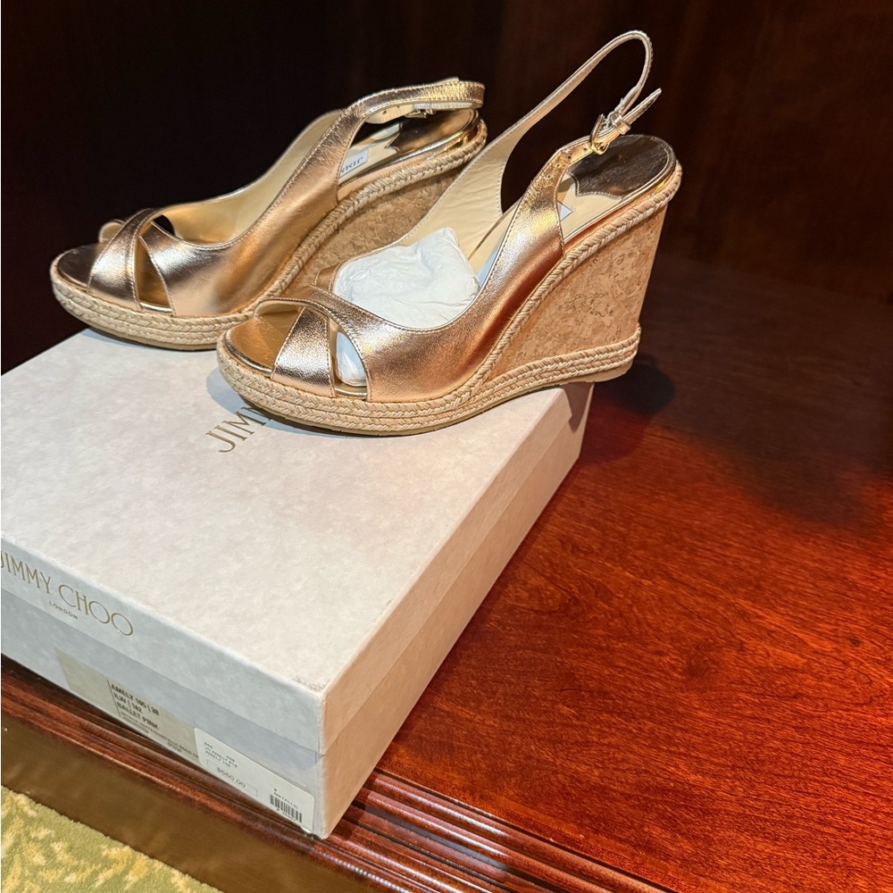 Jimmy Choo Metallic Gold Leather Wedge Espadrilles